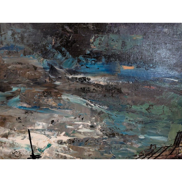 Large Signed Mid-Century Modern Harbor Scene Oil Painting, Palette Knife Maritime Cityscape For Sale In Los Angeles - Image 6 of 9