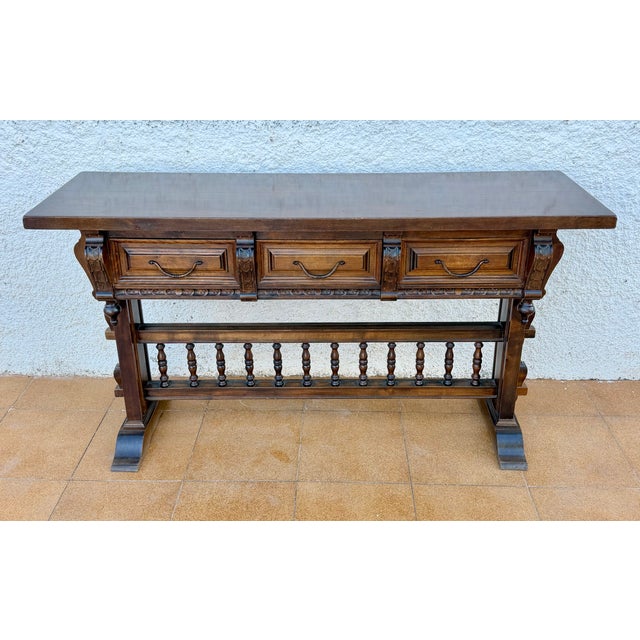 Mid 20th Century Mid 20th Century Valenti Spanish Carved Wood Console Table With Drawers and Turned Spindles For Sale - Image 5 of 13