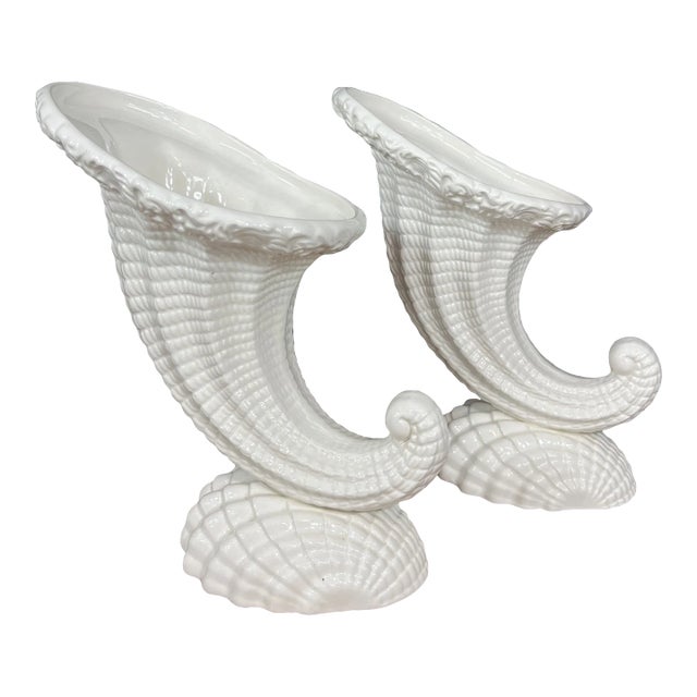 Pair of Early 20th Century Spode Imperial Fancies Bisque Basketweave Cornucopia on Shell Vases For Sale