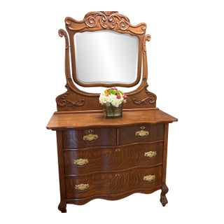 Antique Tiger Oak Vanity Dresser With Carved Mirror & Brass Hardware For Sale
