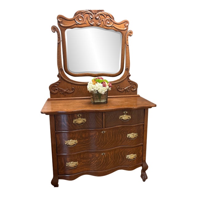 Antique Tiger Oak Vanity Dresser With Carved Mirror & Brass Hardware For Sale