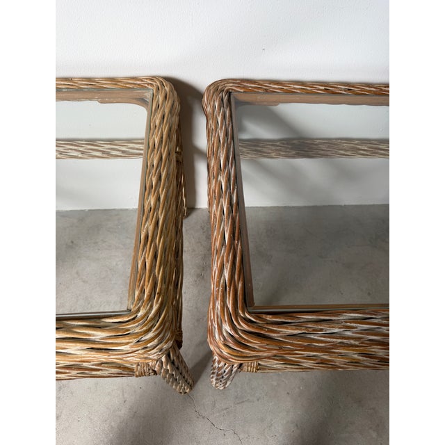 1970's Vintage Coastal Organic Whitewashed Rattan & Glass Top End Tables – A Pair For Sale - Image 11 of 15