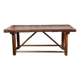 American 1900s Rustic Pine Log Table with Straight Legs and Side Stretchers For Sale