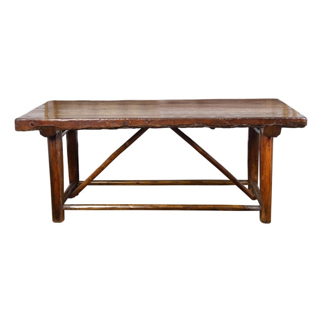 American 1900s Rustic Pine Log Table with Straight Legs and Side Stretchers For Sale