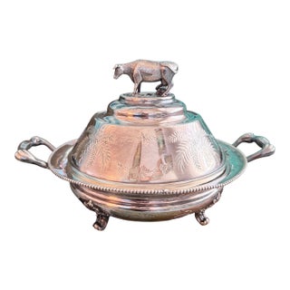 Antique Victorian Quadruple Silverplate Butter Cooler With Cow Finial and Butter Knife by Pairpoint For Sale