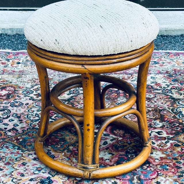 Ficks Reed Vintage Round Rattan Swivel Seat Low Stool or Bench With Leather Wrappings For Sale - Image 4 of 10