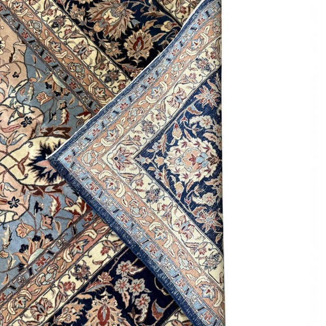 Traditional Vintage Hereke Rug 10x14 | Ivory, Blue & Dusty Pink Floral Medallion For Sale - Image 3 of 5