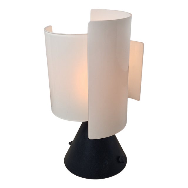 Table Lamp with 3-Blade Model in Milk Glass and Embossed Iron Base, 1970s For Sale