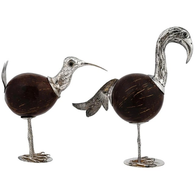 Metal Matched Pair Antique Silver and Coconut Exotic Bird Figurines For Sale - Image 7 of 9