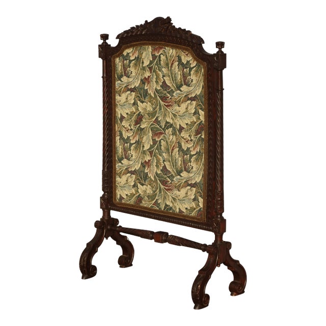 Vintage French Provincially Carved W Floral Tapestry Fireplace Screen Decor For Sale