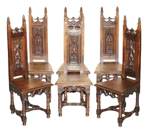 Victorian Gothic Arch Oak Steeple Back Dining Chairs, 1880s, Set of 6