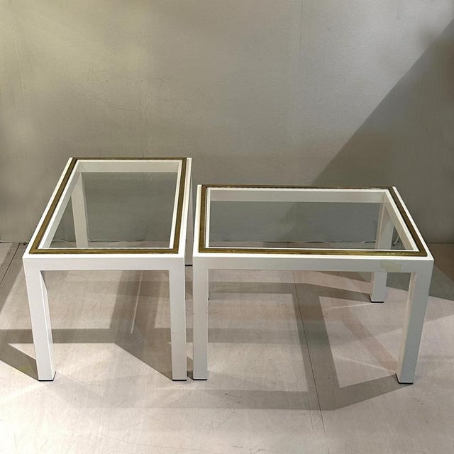 Mid-Century Modern Cream Metal & Brass Side Tables with Glass Top, 1970s, Set of 2 For Sale - Image 4 of 12