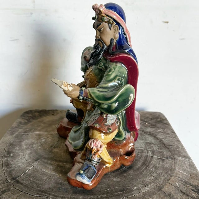 Vintage Hand Painted Guan Gong or Guan Yu Pottery Sculpture For Sale - Image 4 of 6