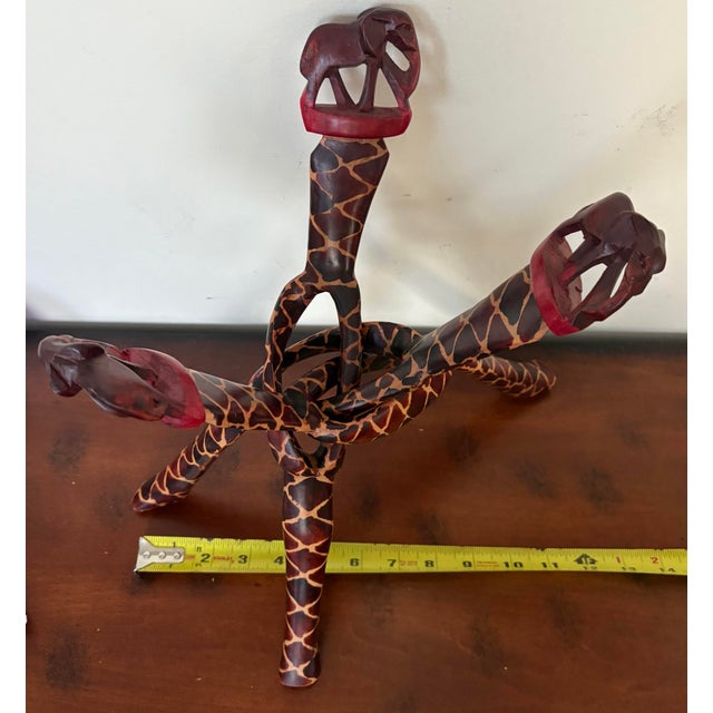 Wood Vintage African Unity Sculpture Bowl Holder | Hand Carved Wooden Stand Elephant Tribal Art | Boho Global Dec For Sale - Image 7 of 8