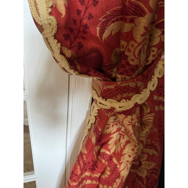 Custom Interlined Linen Damask Pinch Pleat Drapery Panels – Red & Gold, 68 X 94 Pair,Tiebacks For Sale - Image 4 of 11