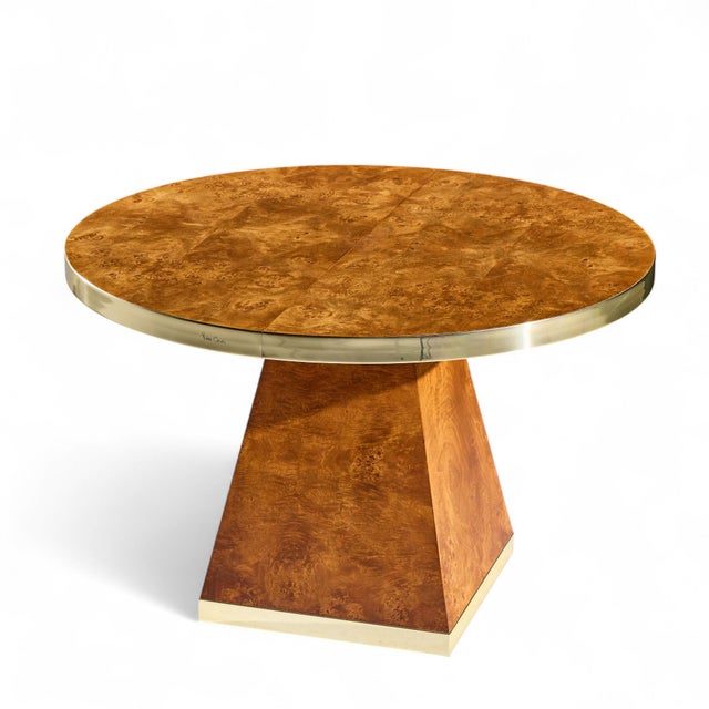 Pierre Cardin Mid Century Burlwood and Brass Expanding Dining Table With 1 Leaf For Sale - Image 9 of 11