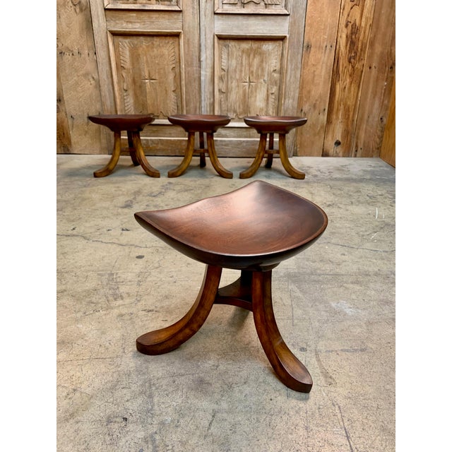 Adolf Loos 1950s Vintage Sculpted Mahogany Tripod Stools After Adolf Loos - Set of 4 For Sale - Image 4 of 10