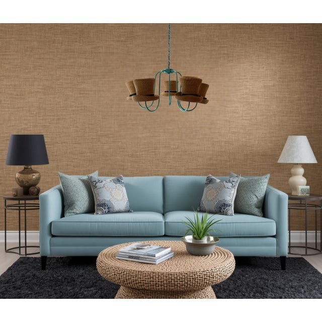 Vintage Designer Straw Hat Black Ribbon 5 Light Chandelier For Sale In New York - Image 6 of 12