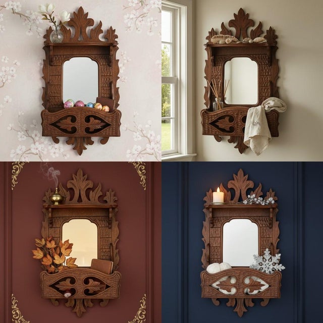 Antique Victorian Eastlake Wall Mirror Pocket Shelf-Carved Walnut-Gothic Hall For Sale - Image 10 of 11