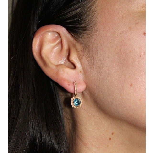 Round Brilliant Cut Blue Topaz Diamond Halo 14 Karat Rose Gold Huggie Drop State, A Pair For Sale - Image 9 of 9