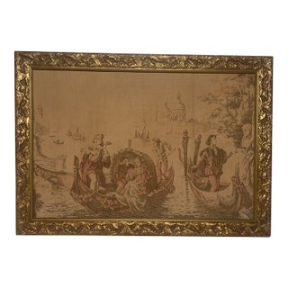 Mid 20th Century Venetian Gondola Tapestry in Ornate Gold Gilt Wood Frame For Sale