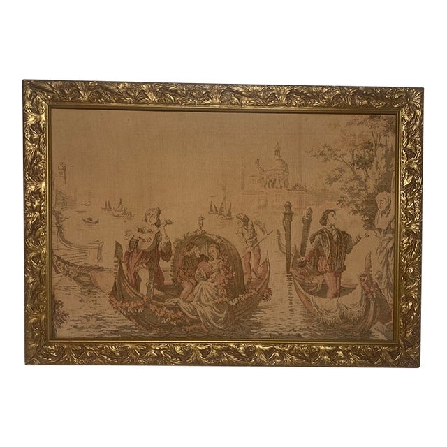 Mid 20th Century Venetian Gondola Tapestry in Ornate Gold Gilt Wood Frame For Sale