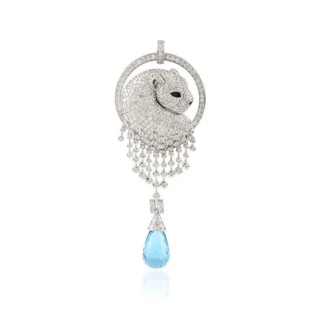 5.1ct Diamond Panther Pendant in 14k White Gold With 16.67ct Blue Topaz For Sale - Image 4 of 12