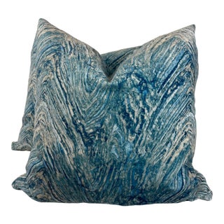 Waves Printed Velvet Pillows- a Pair For Sale