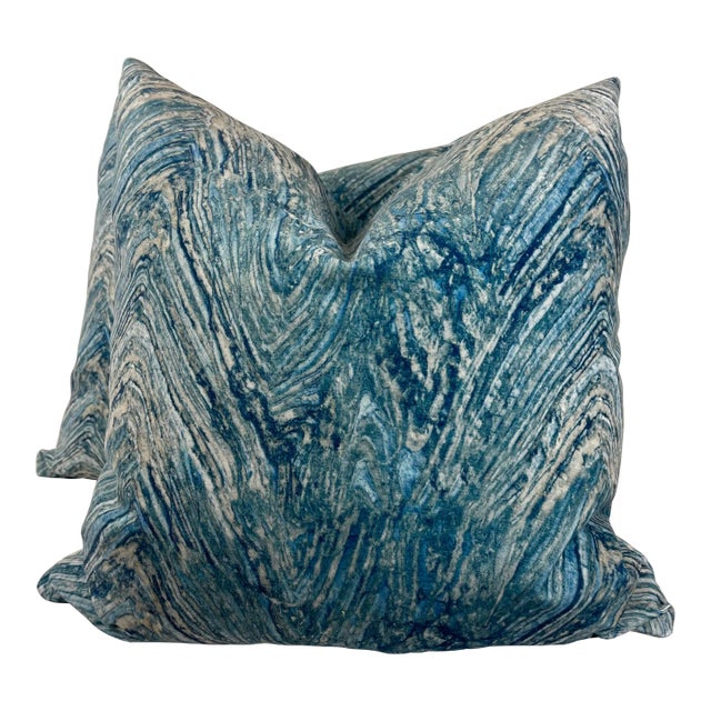 Waves Printed Velvet Pillows- a Pair For Sale