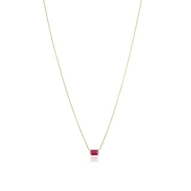 Metal Minimalist 18k Yellow Gold Emerald Cut Ruby Solitaire Pendant Necklace 18 Inches For Sale - Image 7 of 14