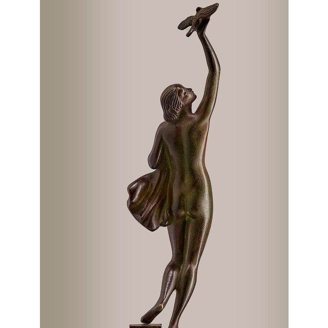 1920s Pierre Le Faguays, Nude Woman with a Dove, 1930, Bronze & Marble For Sale - Image 5 of 10