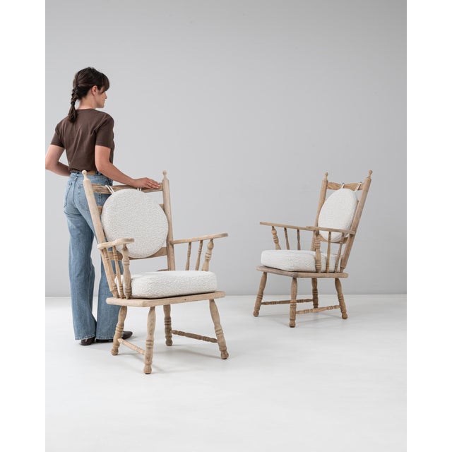 20th Century French Oak Spindle Back Armchairs With Round Bouclé Cushion - A Pair For Sale - Image 17 of 18