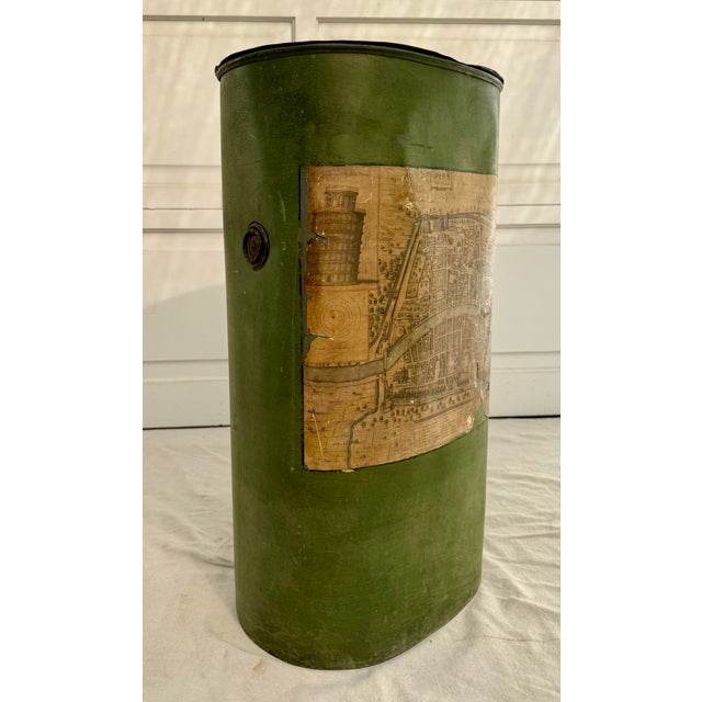 Vintage Green Toleware Metal Waste Bin With Hinged Lid and Pisa Map Design For Sale - Image 9 of 16