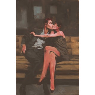 Stolen by Michael Carson | Oil on panel of a couple kissing on a bench For Sale
