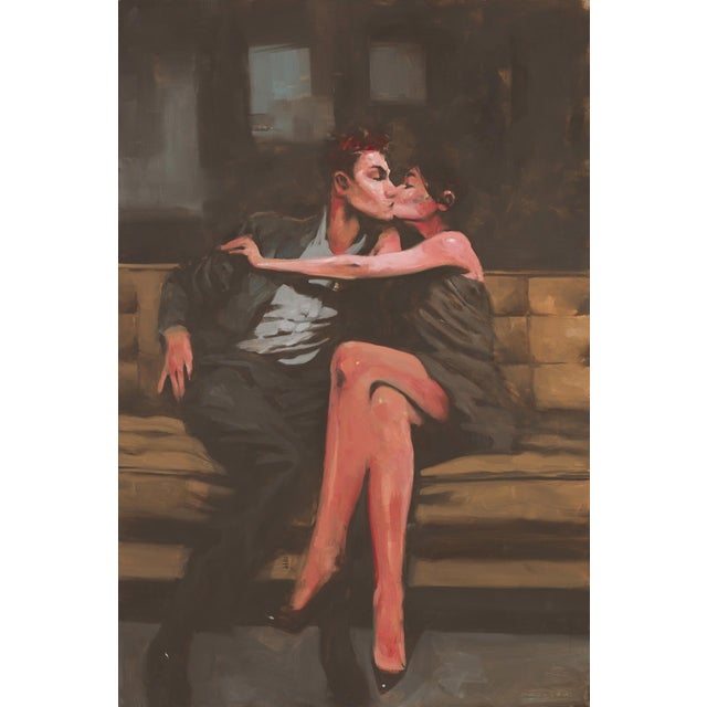 Stolen by Michael Carson | Oil on panel of a couple kissing on a bench For Sale