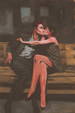 Stolen by Michael Carson | Oil on panel of a couple kissing on a bench