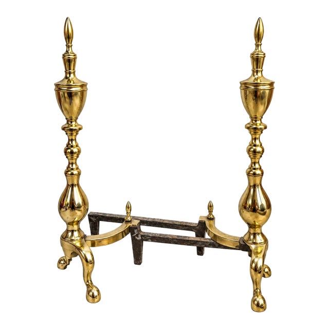 Vintage Pair Federal Style Urn Decor Brass Fireplace Andirons For Sale