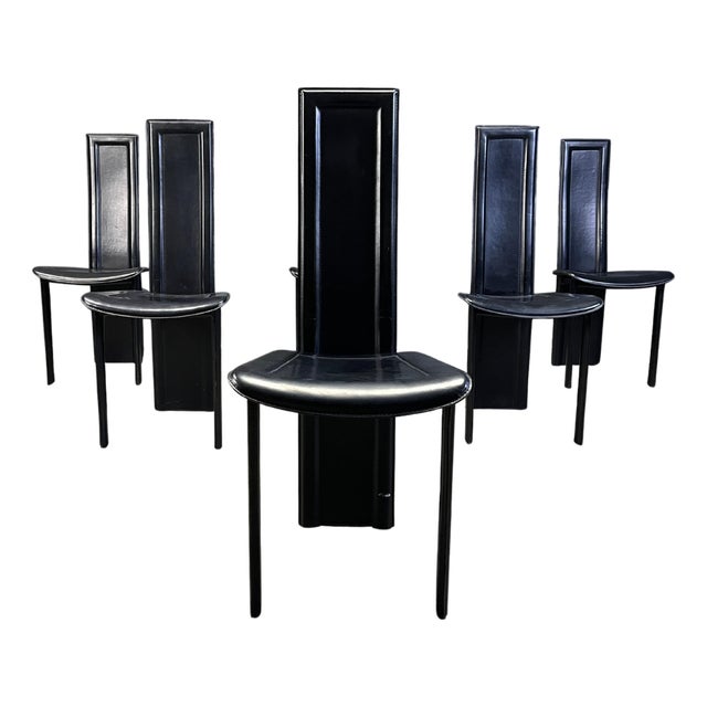 Vintage Black Leather Dining Chairs, 1980s, Set of 6 For Sale