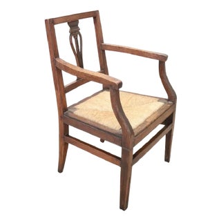 Antique Rustic Armchair in Walnut with Straw Seat For Sale
