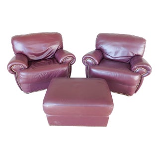 Chateau d'Ax Italian Leather Club Chairs & Ottoman For Sale