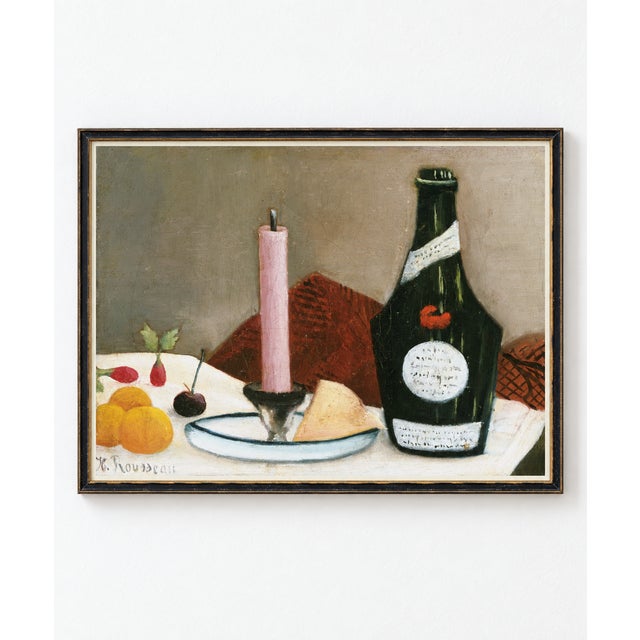 This vintage French still life art print by Henri Rousseau features a distinctive pink candle arranged beside a dark green...