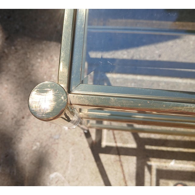 Metal Vintage Brass and Lucite Glass 3 Shelf Table, in Manner of Charles Hollis-Jones For Sale - Image 7 of 14