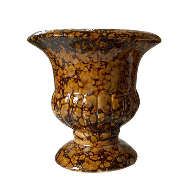 Brown 1970s Vintage Brown and Golden Beige Splatter Glazed Speckle Finished Ceramic Urn For Sale - Image 8 of 8