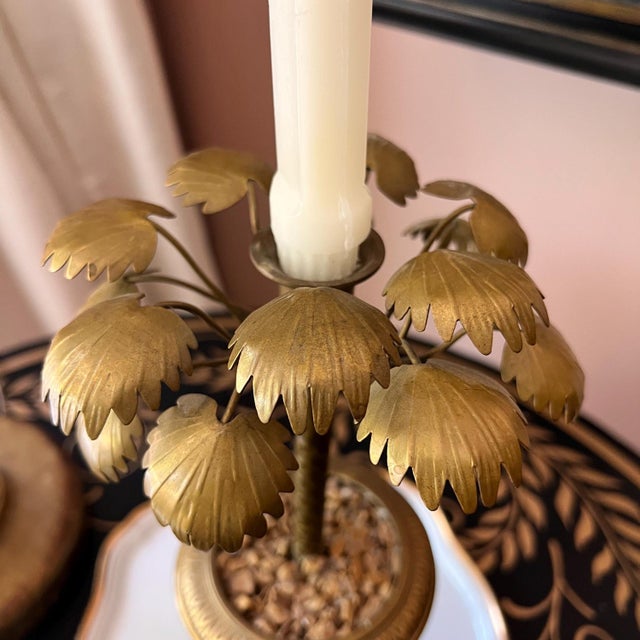 Brass palm tree candlestick // brass palm tree in urn // single candleholder // Vintage Hollywood Regency Decor For Sale - Image 11 of 12