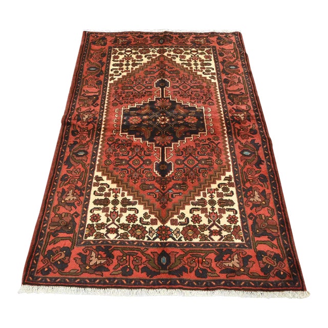 Hamedan Rug 4'3'' X 6'5'' Red Wool Vintage Tribal Hand-Knotted Oriental Carpet For Sale