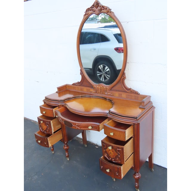Early 20th Century Early 1900s Carved Inlay Vanity Makeup Table 6611 For Sale - Image 5 of 18