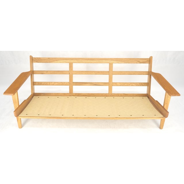 Mid-Century Modern Solid Oak Frame Brown Upholstery MCM Style 3 Seat Sofa Clean! For Sale - Image 3 of 16