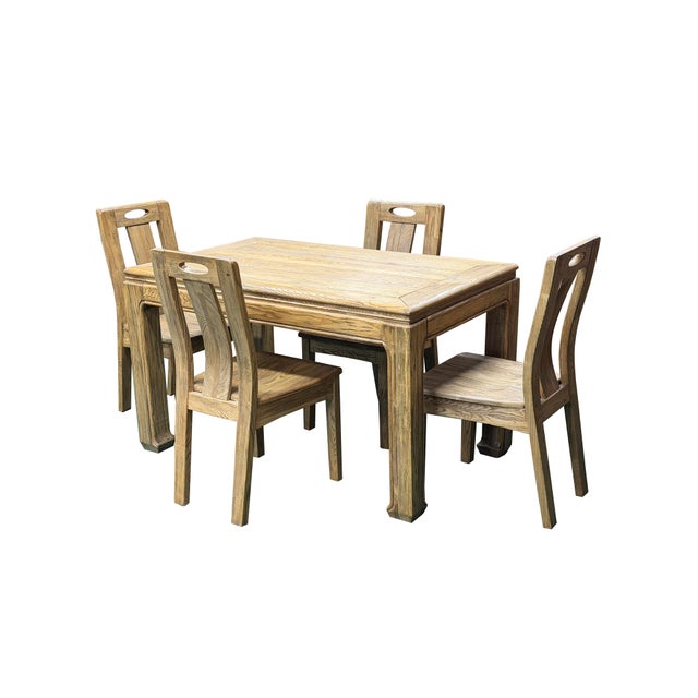 Oriental Light Wood Rough Grain Rectangular Dining Table 4 Chairs Set For Sale In San Francisco - Image 6 of 16