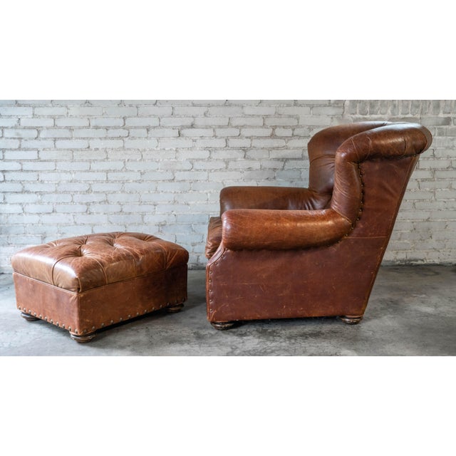 Restoration Hardware Churchill Cigar Leather Luxe Writer's Chair and Ottoman For Sale - Image 9 of 13
