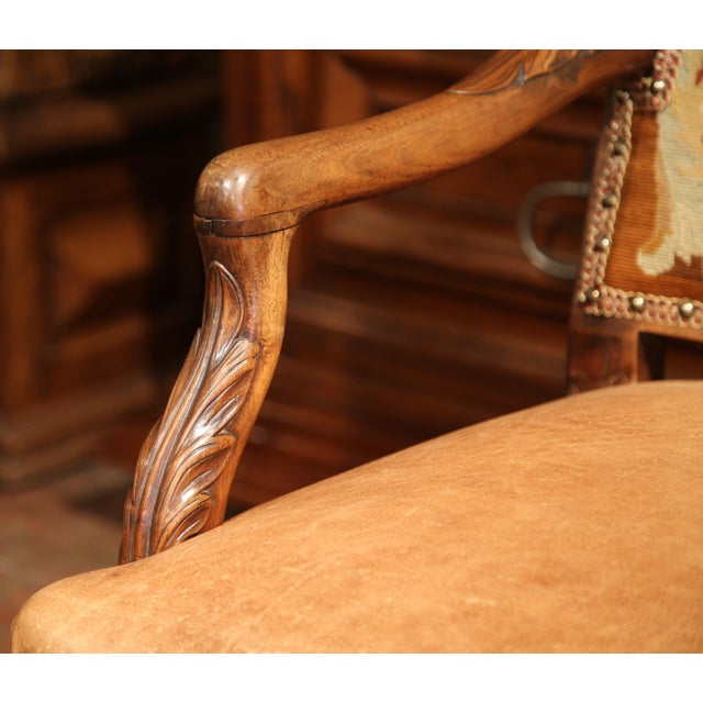Wood Pair of 18th Century French Louis XV Needlepoint Armchairs With Leather Seats For Sale - Image 7 of 10